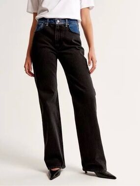 Abercrombie & Fitch The 90s Relaxed High Rise Two Tone Black Blue Flared Jeans